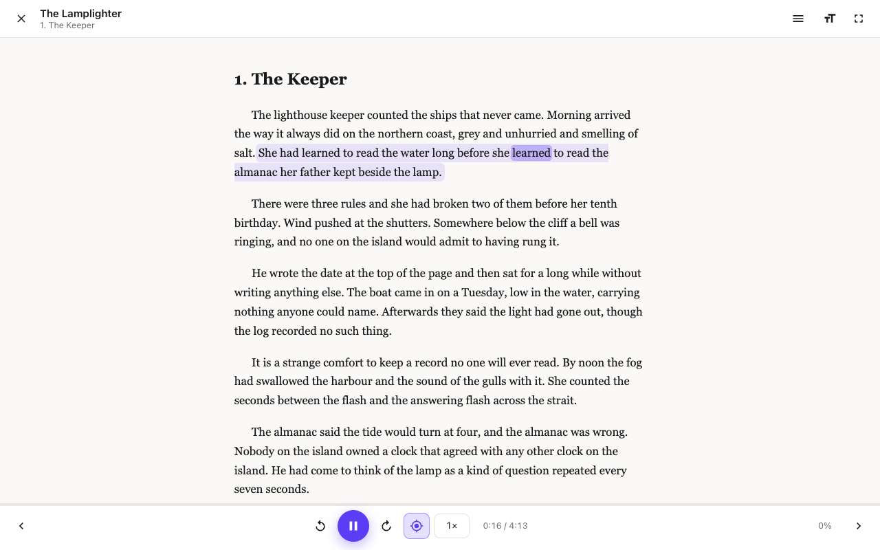The text follows the voice, word by word