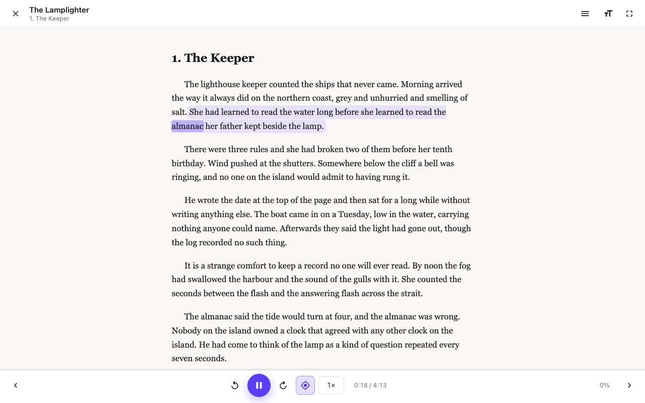 The text follows the voice, word by word